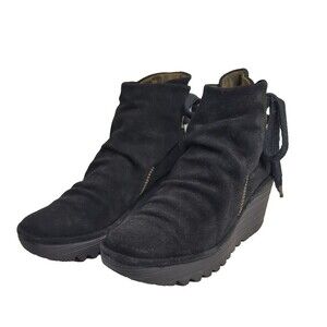 Fly London Yama Wedge Ankle Boots  Black Lace Up Size 36 UK US 6 ? Suede Slouchy